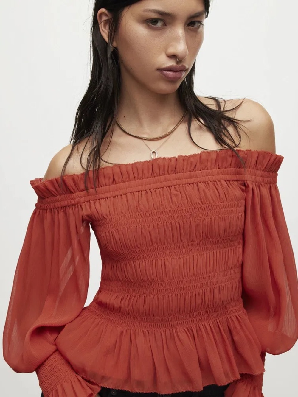 AllSaints Lara Off-The-Shoulder Top in Orange - 10
